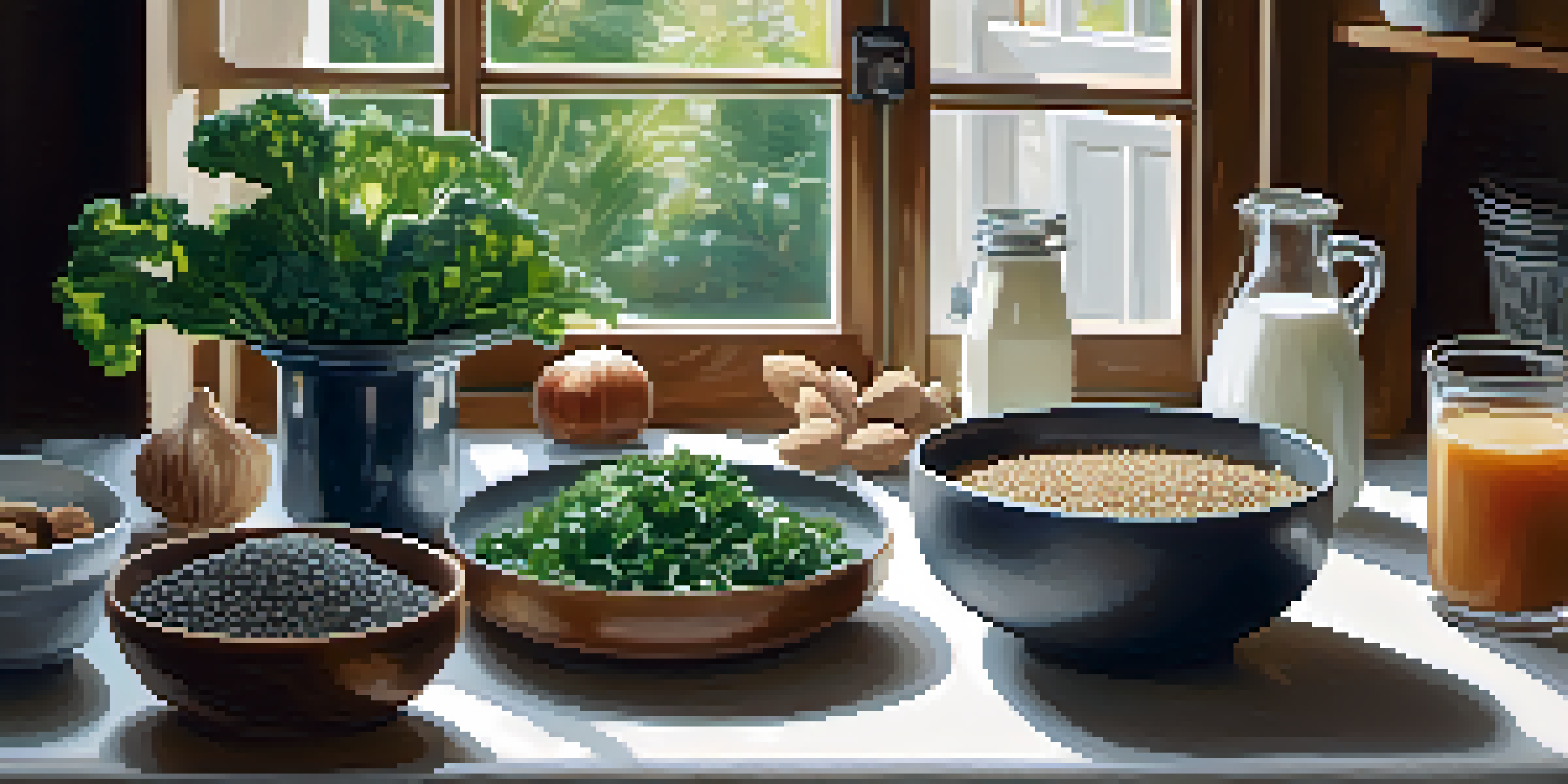 A kitchen table displaying various plant-based foods rich in calcium, including kale, fortified milk, almonds, and chia seeds, with natural light illuminating the scene.