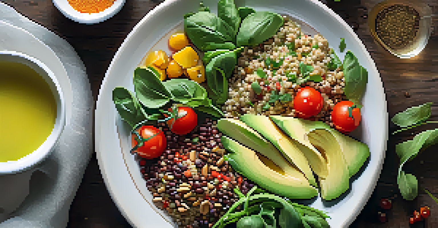 A colorful vegetarian meal on a wooden table, showcasing a salad and quinoa, emphasizing a healthy lifestyle.