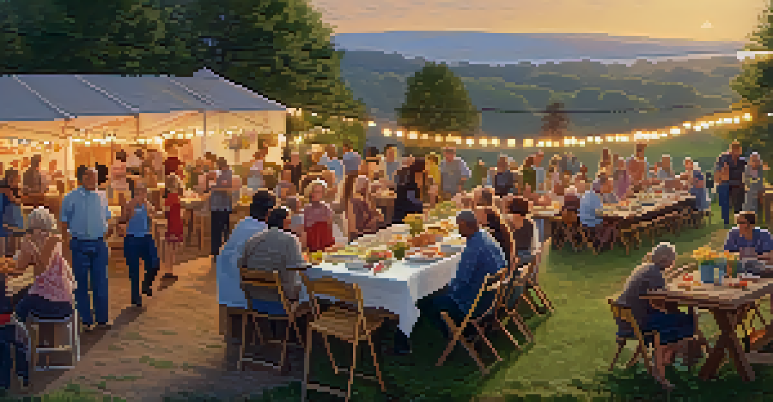 A community potluck event at a farm with people sharing homemade dishes under a sunset glow.