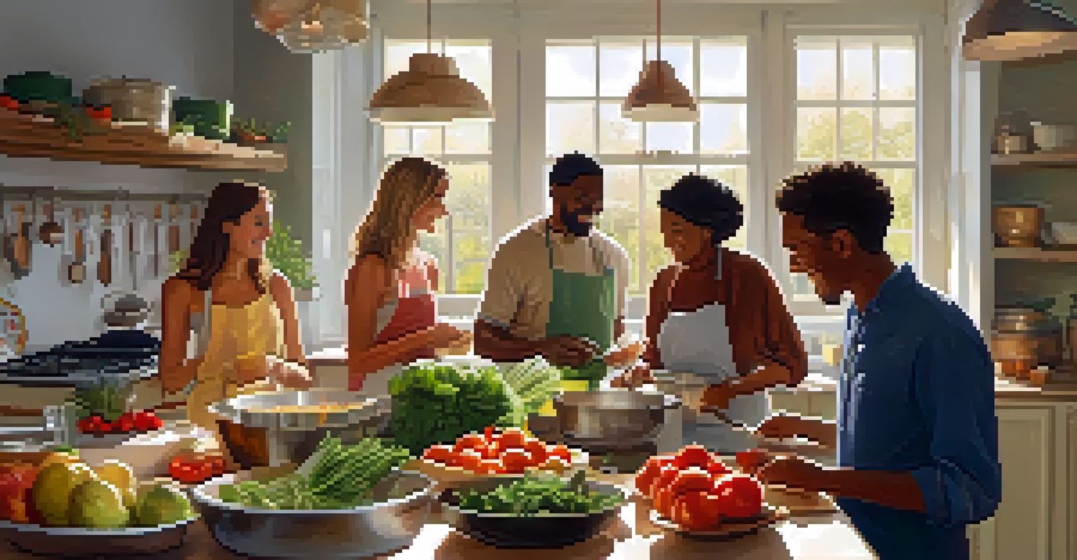 A diverse group of people cooking plant-based meals together in a bright kitchen filled with fresh produce.