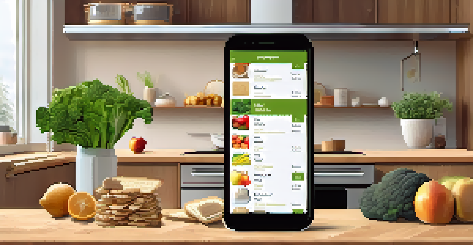 A smartphone showing a digital grocery list on a kitchen countertop, with fresh ingredients around it.