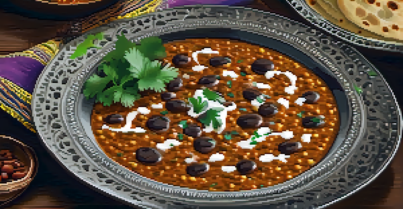 A traditional Indian vegetarian dish of dal makhani with naan and pickles, elegantly arranged on a rustic table.