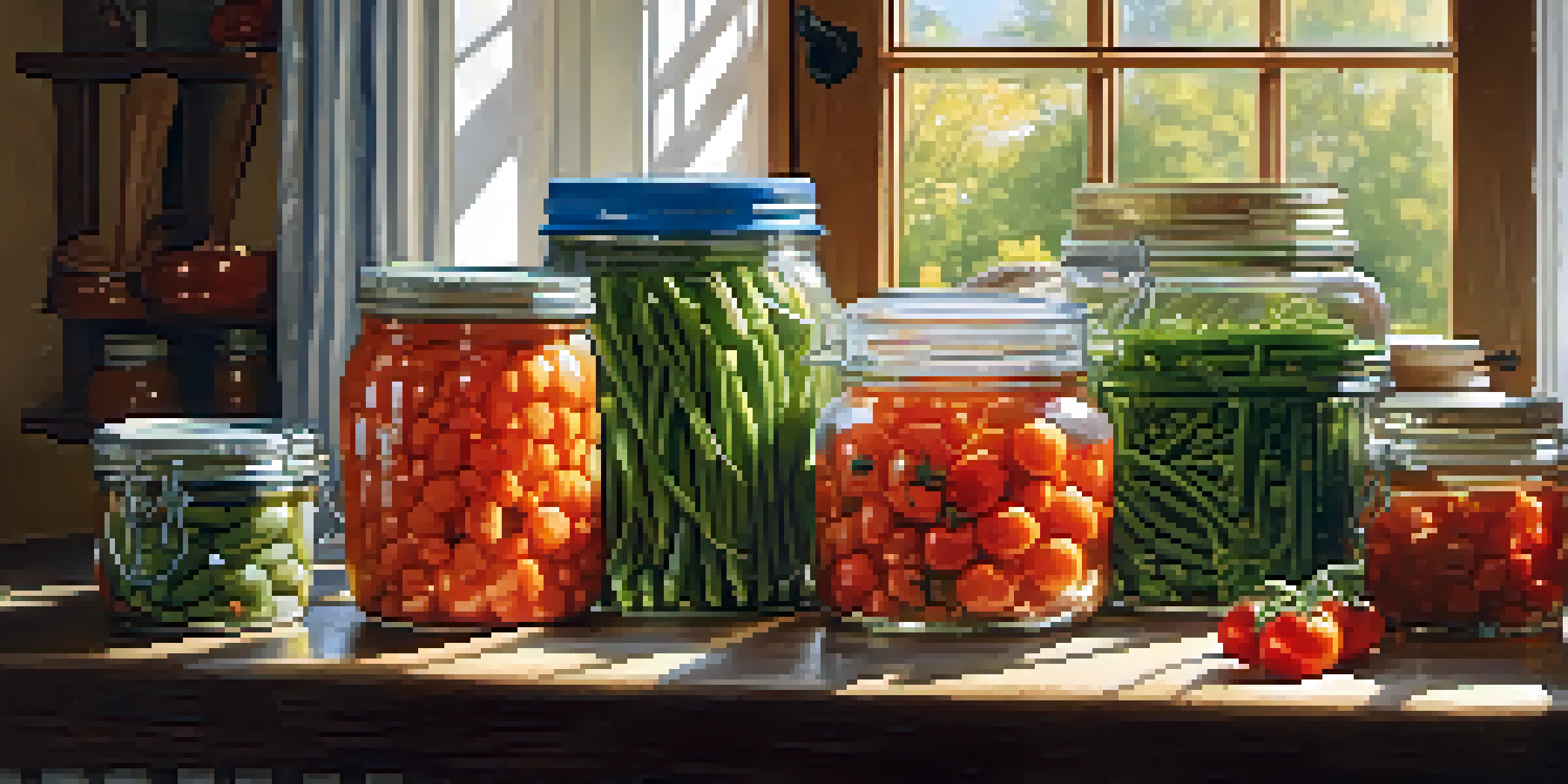 A kitchen table filled with jars of canned vegetables in sunlight, with canning tools nearby.