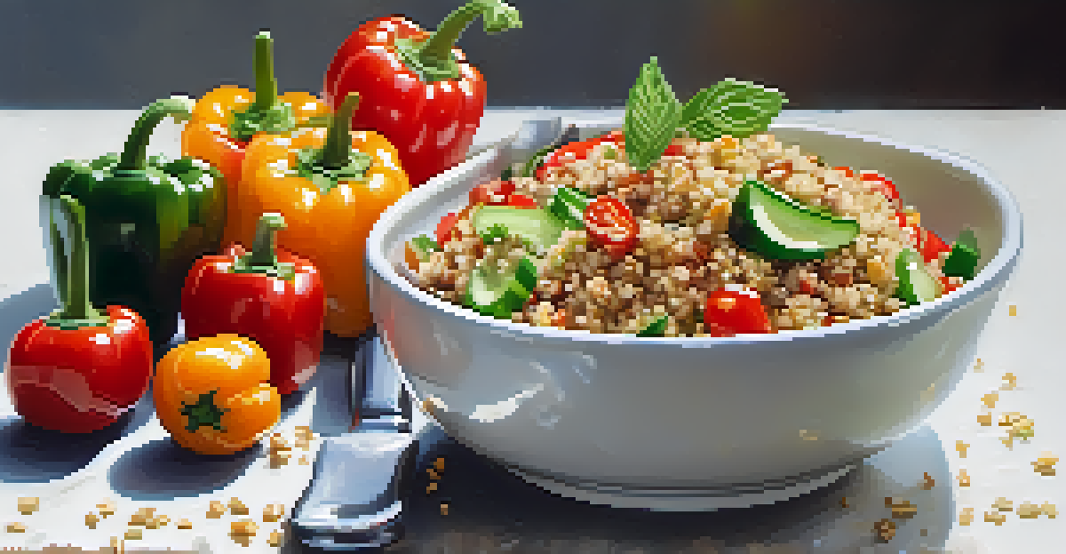 A nutritious quinoa salad with colorful vegetables and nuts in a ceramic bowl, accompanied by a fork, in a bright setting.