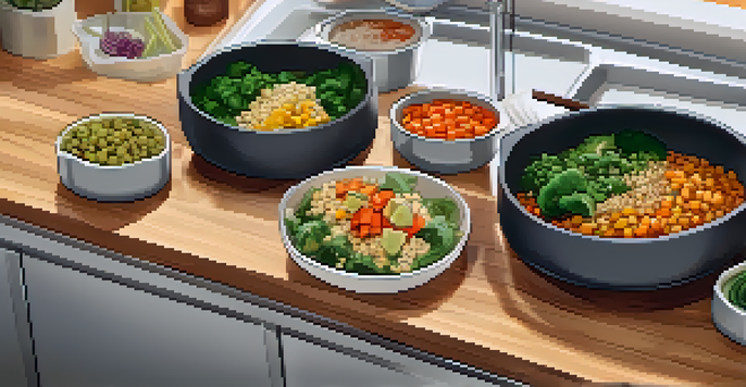 A colorful meal prep scene with glass containers filled with quinoa salad, vegetable stir-fry, and lentil soup, surrounded by fresh vegetables and kitchen tools.