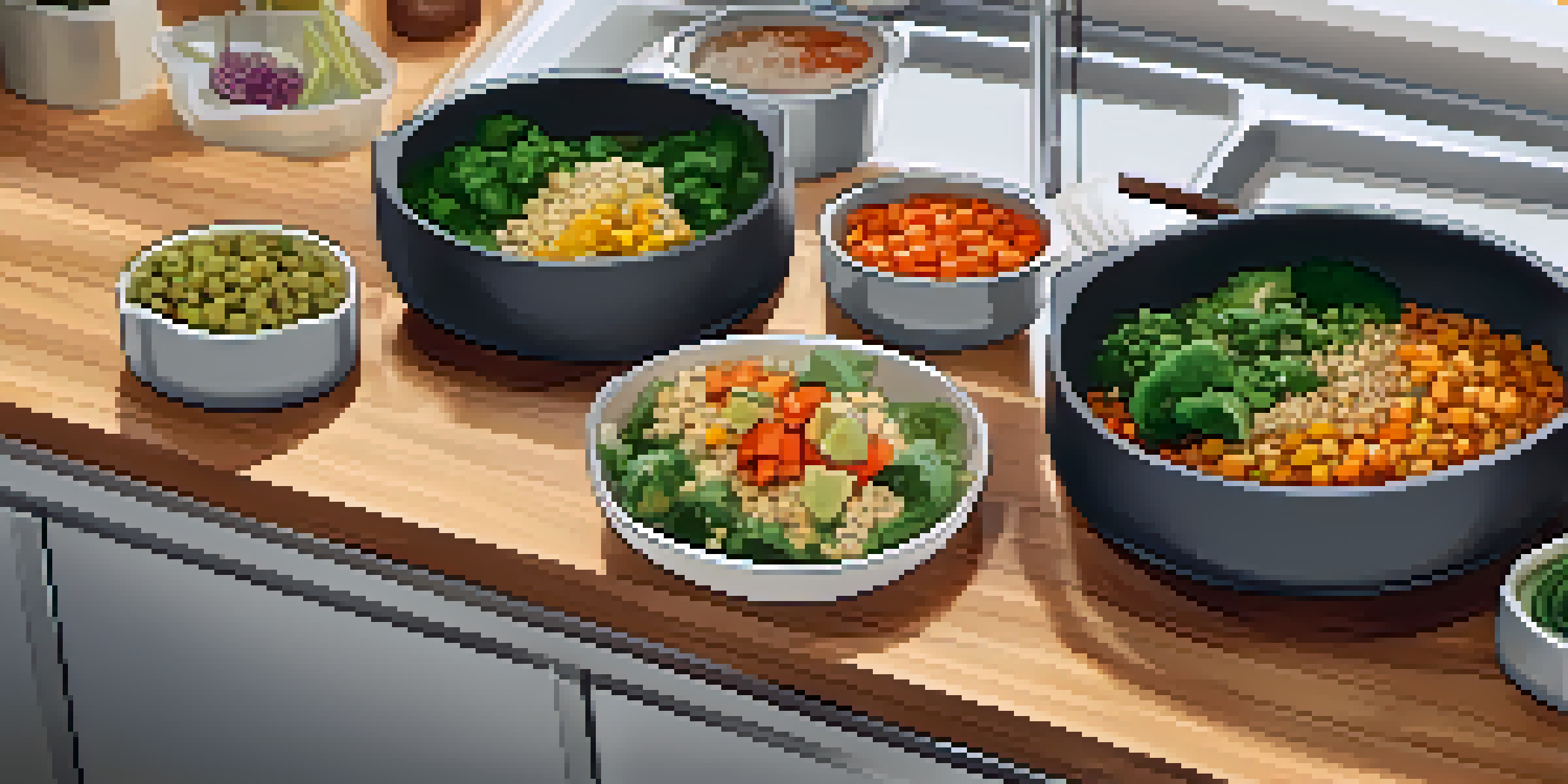 A colorful meal prep scene with glass containers filled with quinoa salad, vegetable stir-fry, and lentil soup, surrounded by fresh vegetables and kitchen tools.