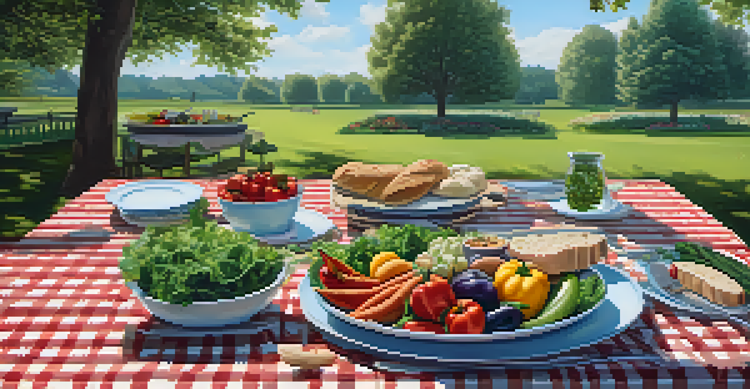 An outdoor dining setup with a vegetarian feast on a picnic table in a lush green park under a blue sky.