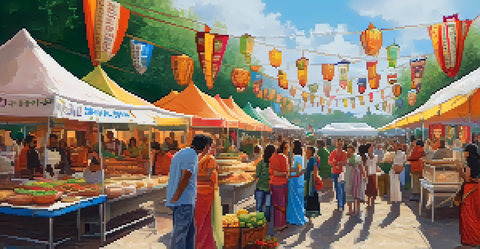 A vibrant food festival showcasing vegetarian dishes from different cultures, filled with people and colorful decorations.
