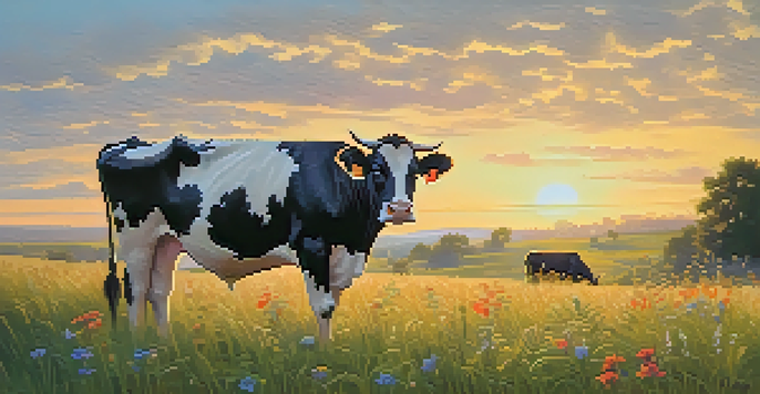 A peaceful rural scene with a sacred cow grazing in a green meadow during sunset.