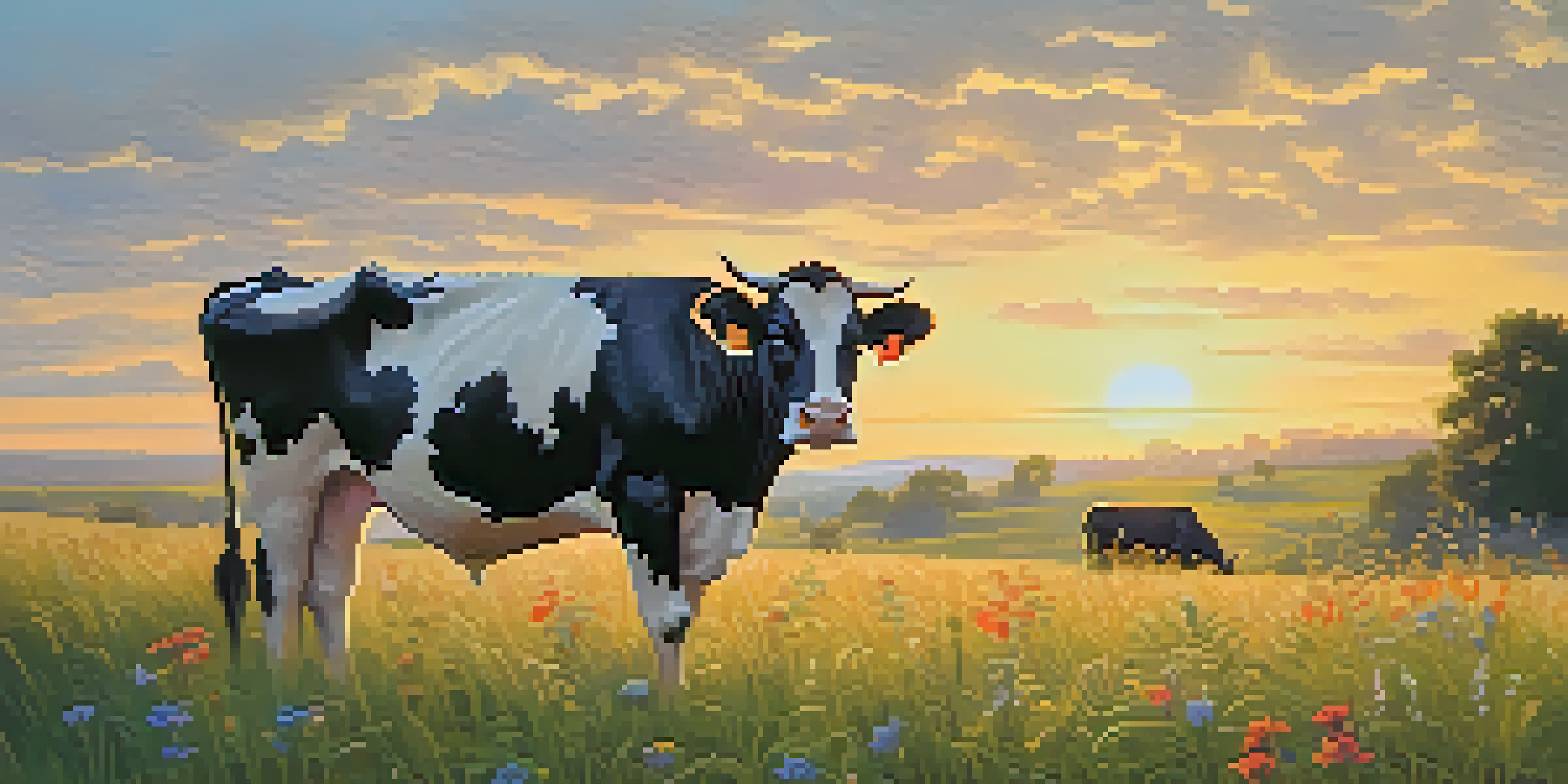 A peaceful rural scene with a sacred cow grazing in a green meadow during sunset.