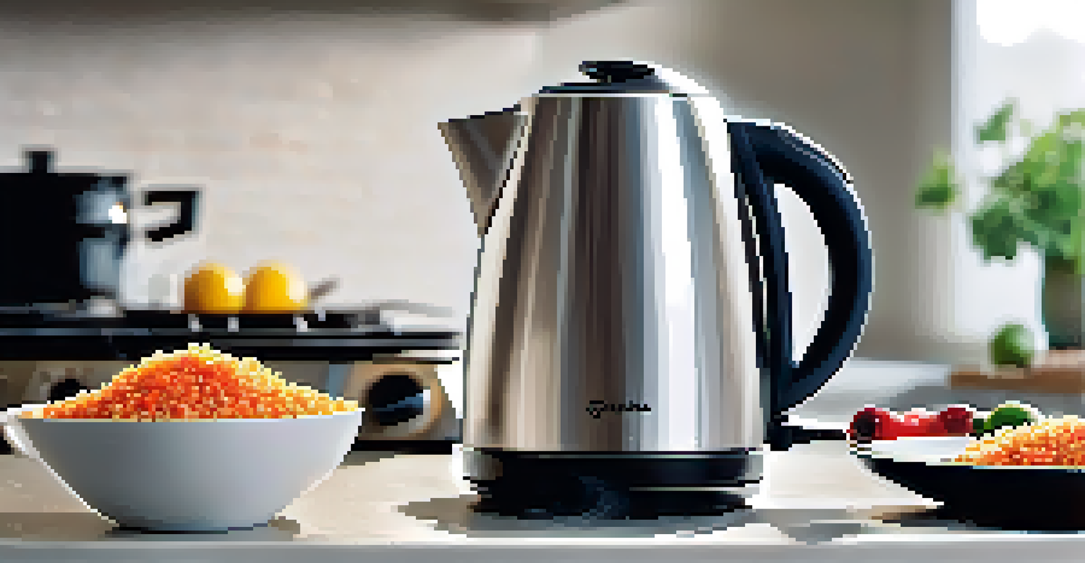 A modern kitchen with an electric kettle boiling water, emphasizing a quick and efficient cooking environment.