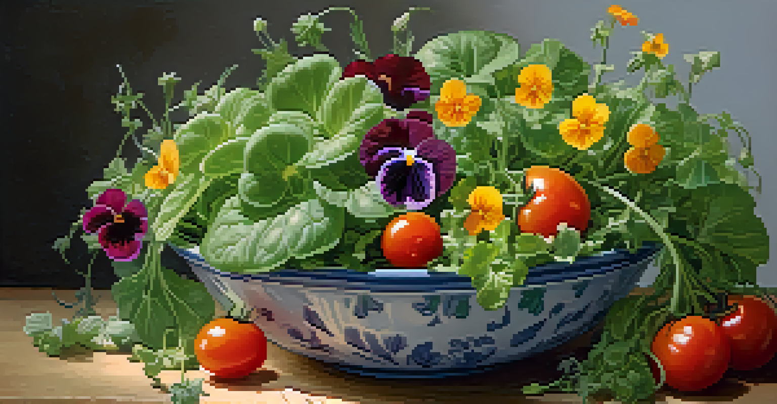 A colorful salad bowl with greens and edible flowers, presented on a rustic wooden table under soft lighting.