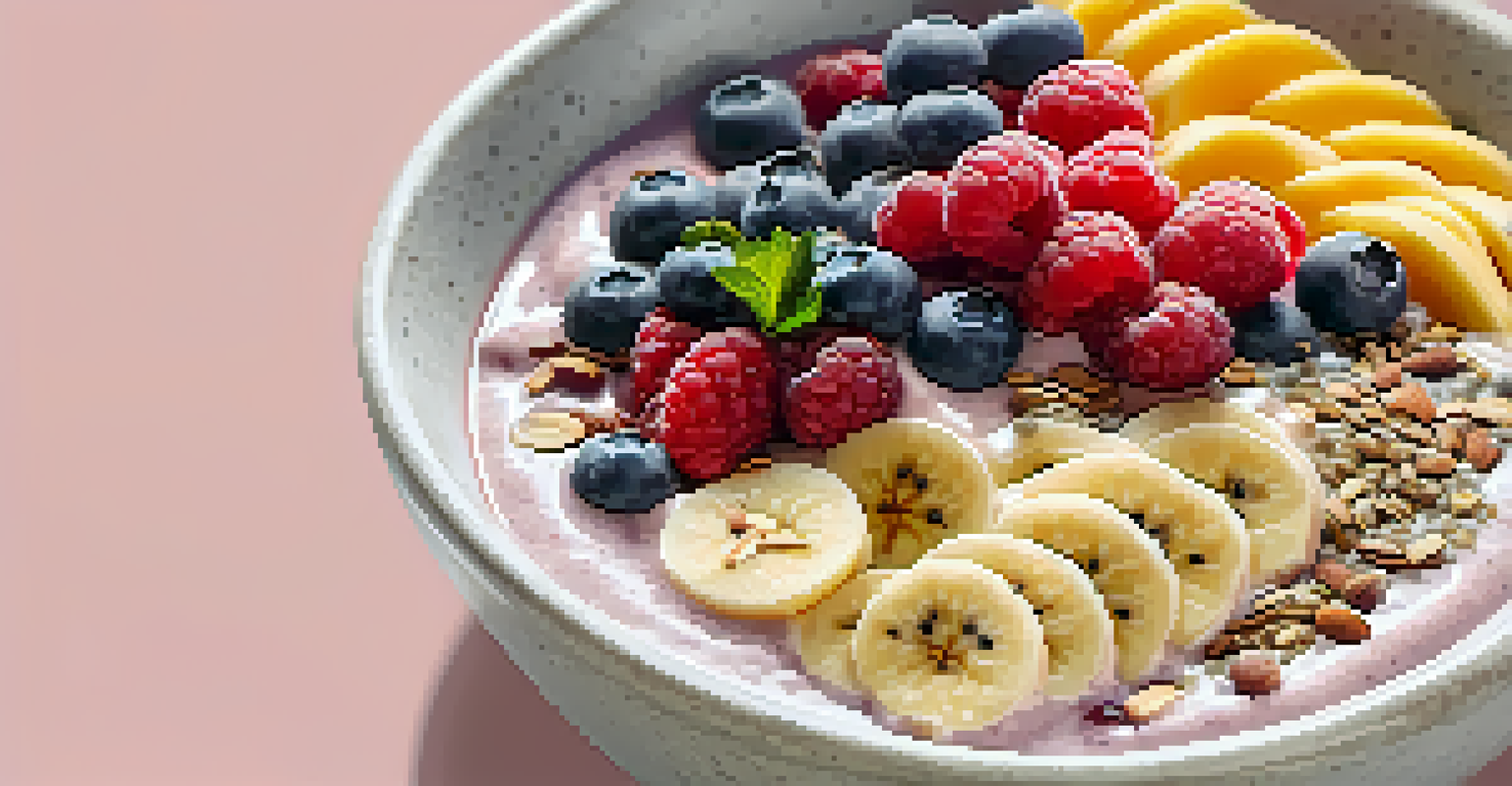 A close-up of a smoothie bowl topped with fruits, nuts, and seeds on a marble surface.