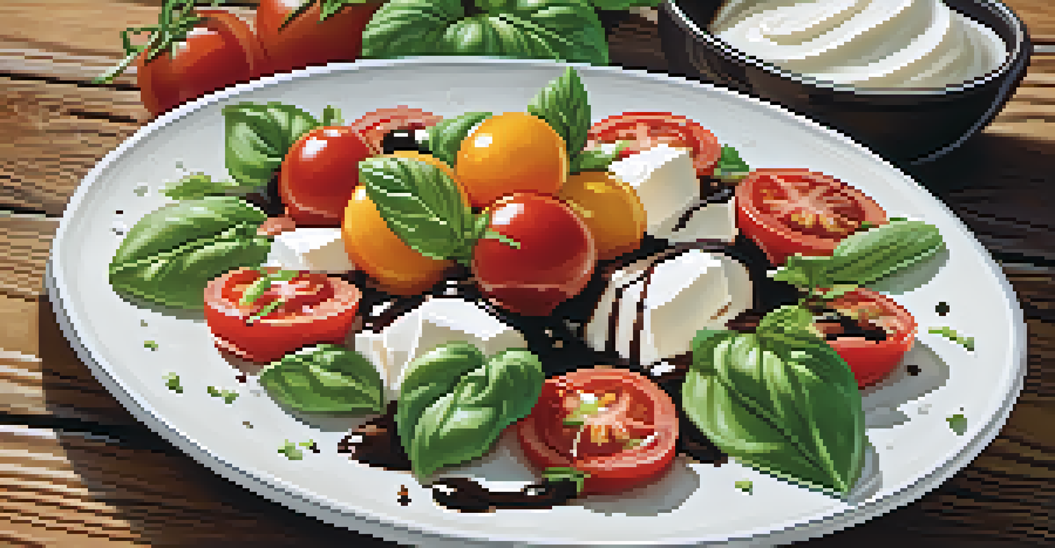 A delicious summer salad with tomatoes, basil, and mozzarella on a rustic table, illuminated by soft natural light.