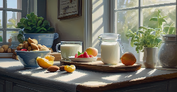 A kitchen table showcasing various plant-based dairy alternatives like almond milk, coconut yogurt with fruits, and cashew cheese, illuminated by soft morning light.