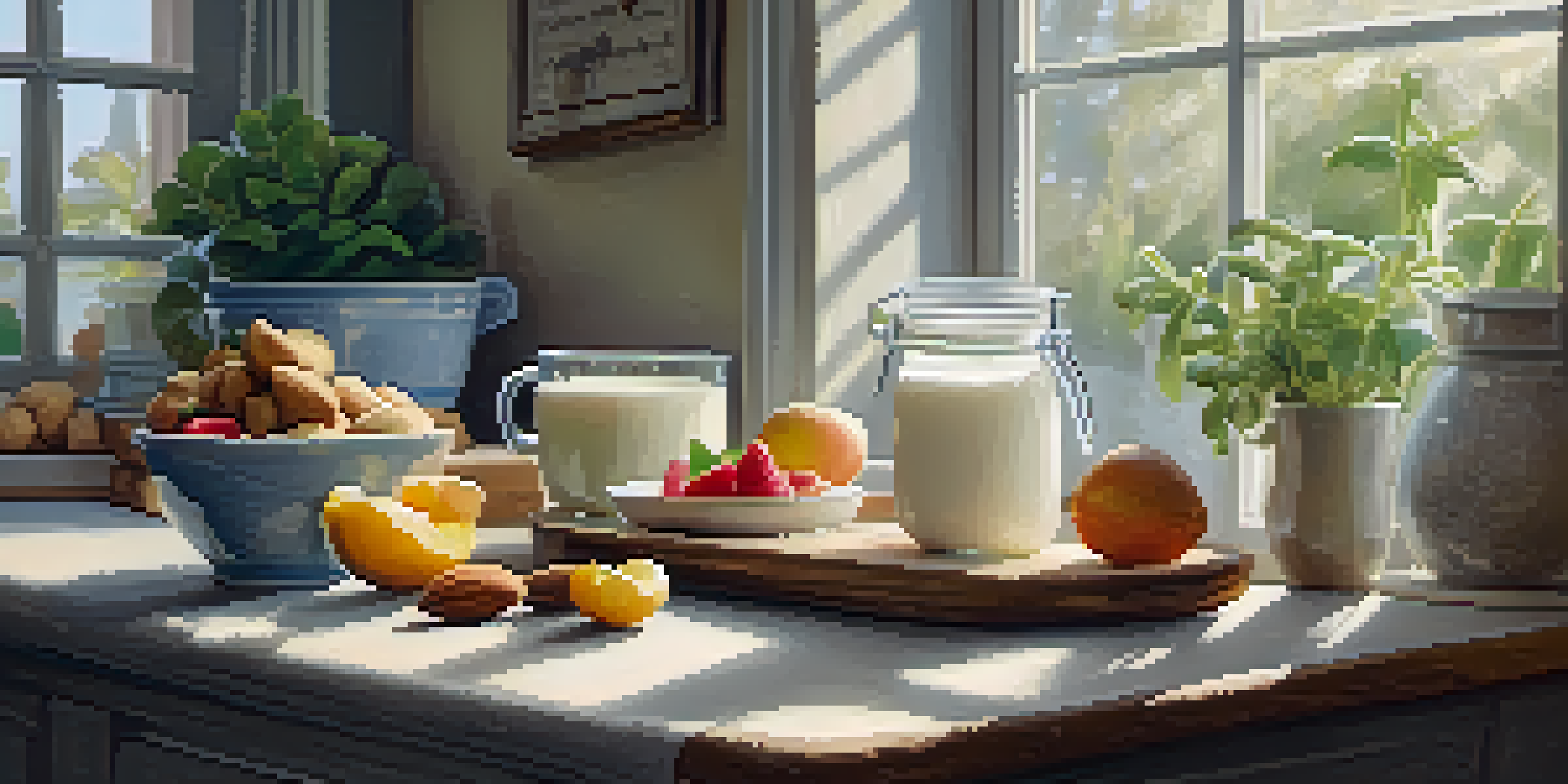 A kitchen table showcasing various plant-based dairy alternatives like almond milk, coconut yogurt with fruits, and cashew cheese, illuminated by soft morning light.