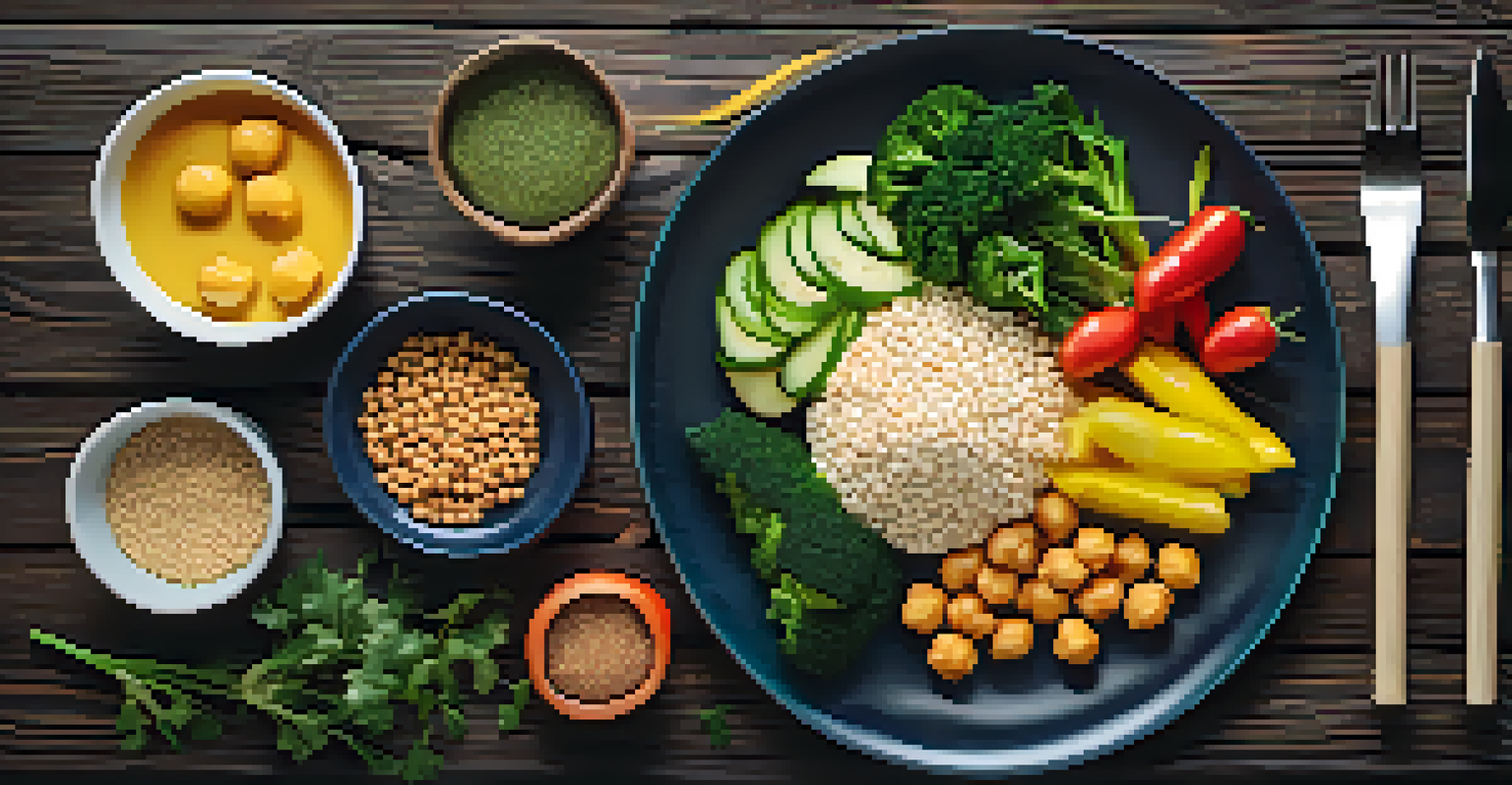 An overhead view of a balanced vegetarian plate with colorful vegetables, whole grains, and chickpeas, arranged artistically on a dark wooden table.