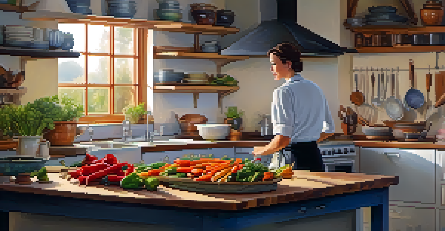 A chef's kitchen counter filled with colorful vegetables, spices, and an oven preheating for roasting.