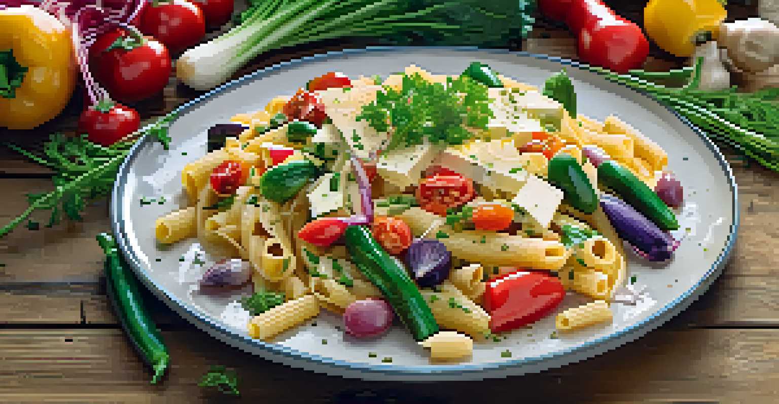 A stylishly presented plate of pasta primavera with vibrant vegetables and herbs on a wooden table under natural light.