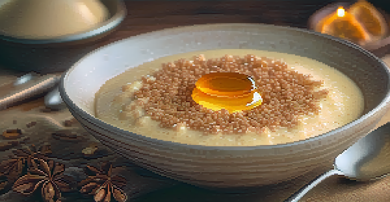 A bowl of creamy millet pudding garnished with cinnamon and honey on a wooden table.