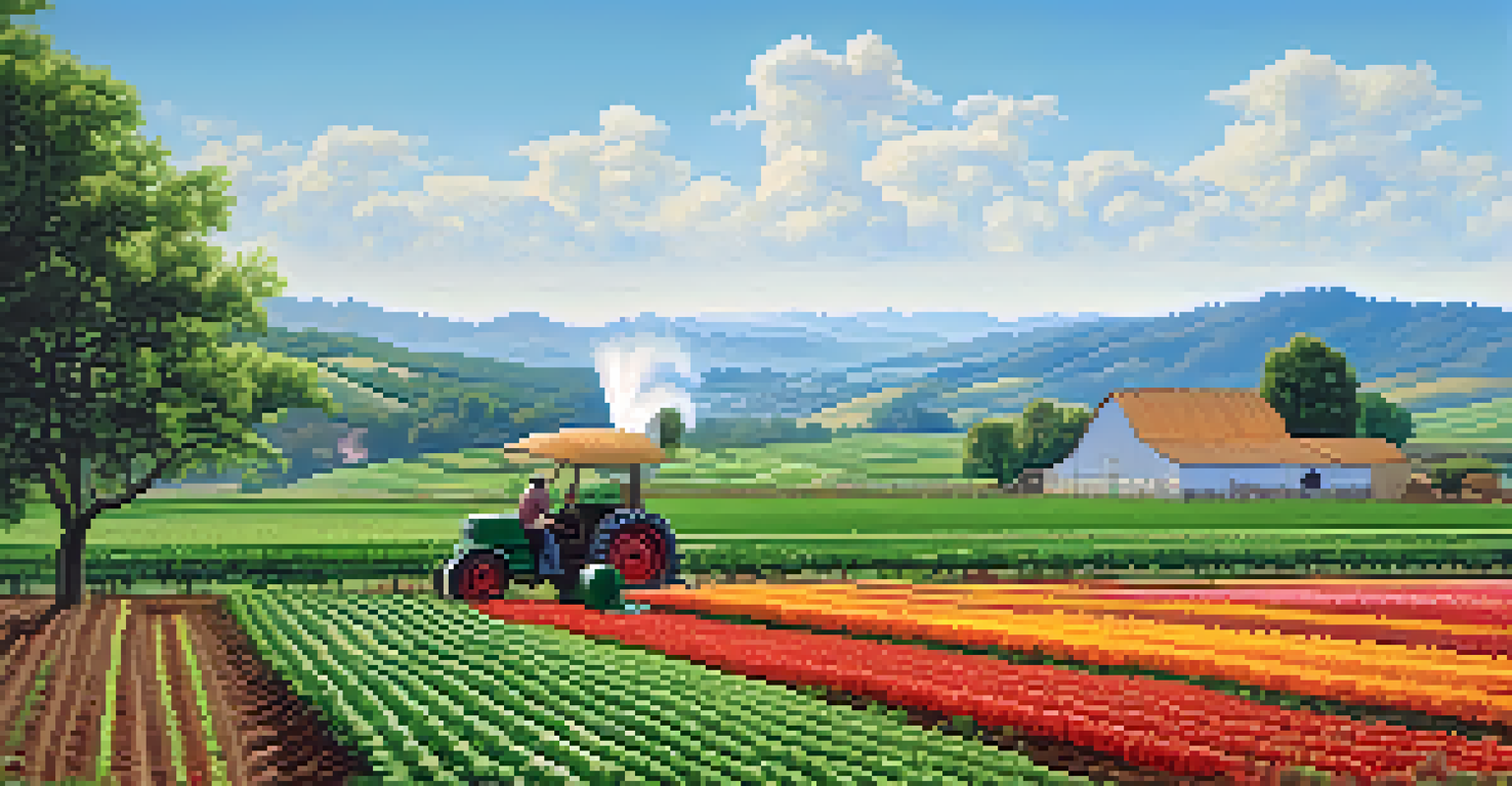 A beautiful green farm with diverse crops and a farmer watering the plants under a blue sky.