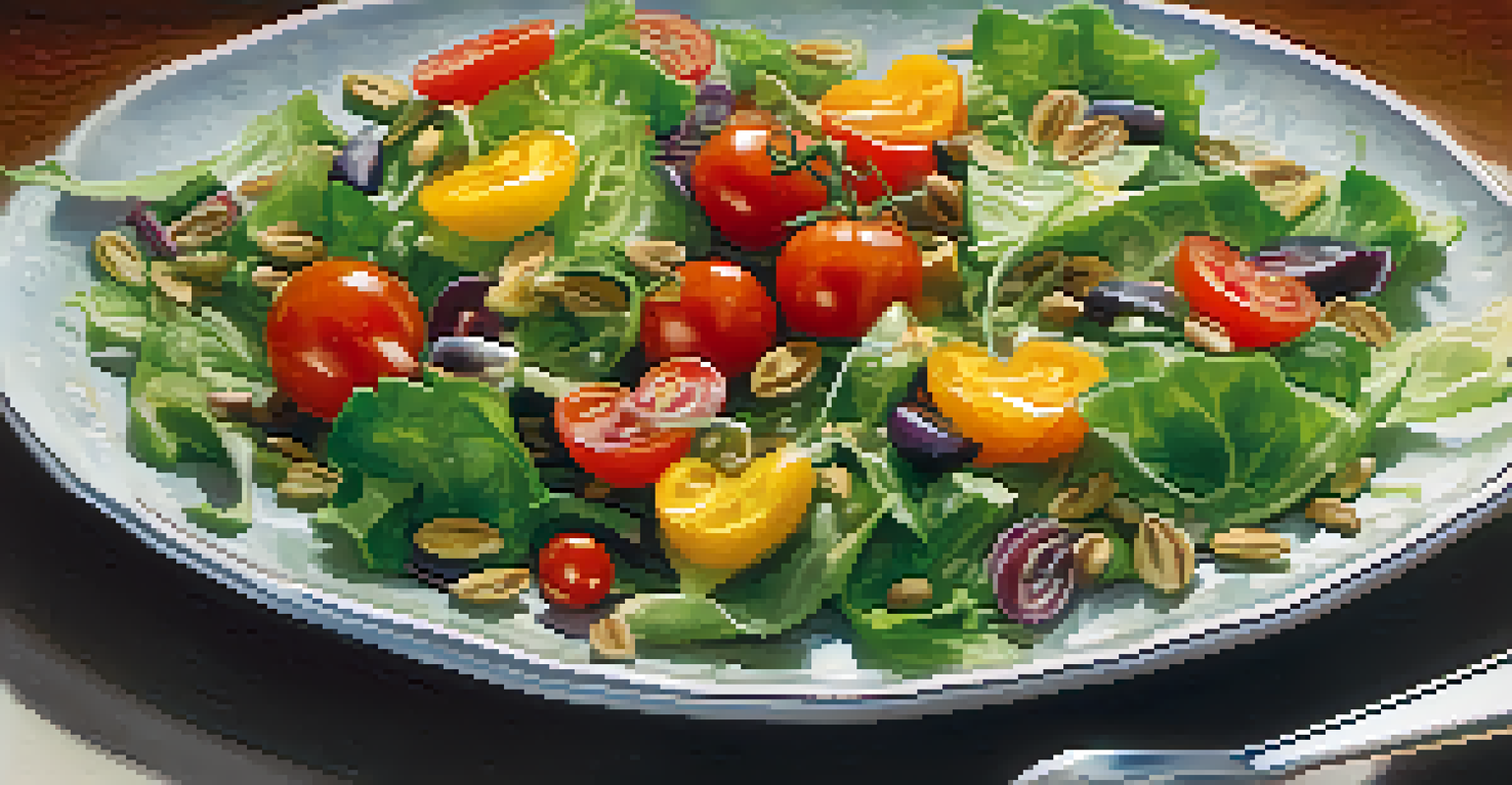 A close-up view of a heart-shaped plate with a fresh salad made of mixed greens, tomatoes, and seeds, set against a warm kitchen backdrop.