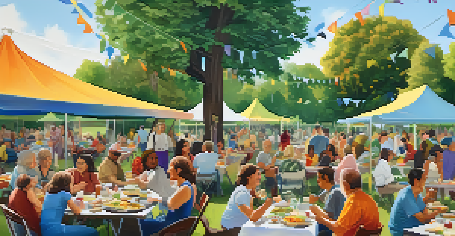 A lively community potluck in a park, with people sharing and enjoying various vegetarian dishes at a long table.