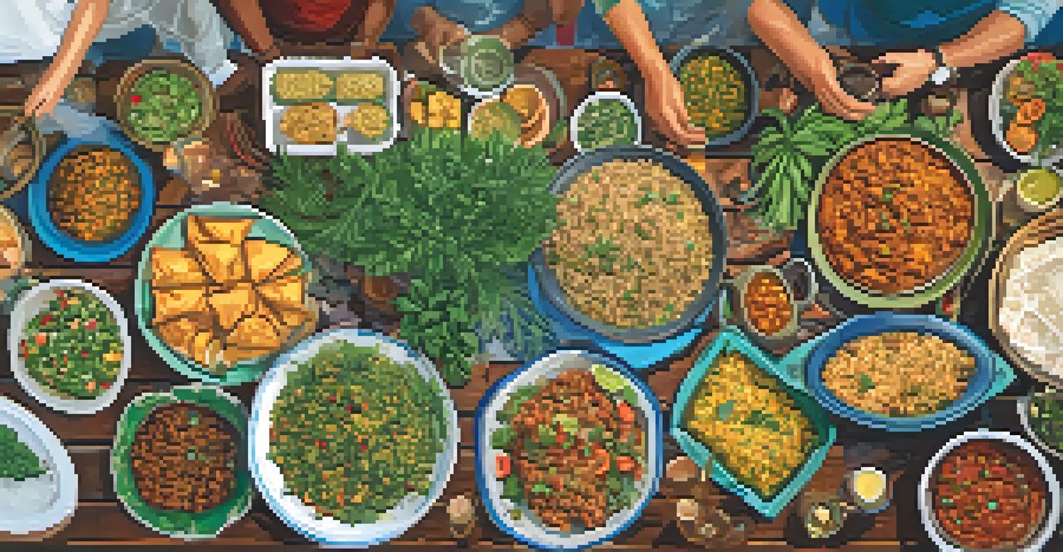 An overhead view of a potluck gathering showcasing a variety of plant-based dishes from different cultures during Carnival.