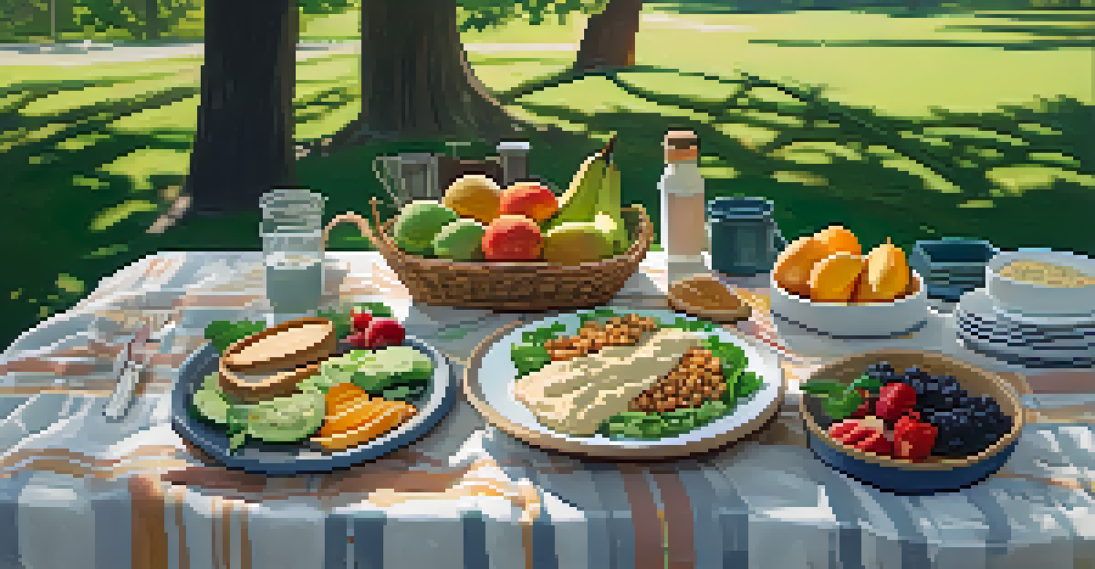 A picnic scene in a park with a blanket featuring homemade dishes like quinoa salad and fresh fruit, surrounded by greenery.