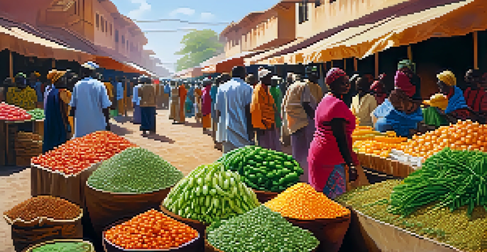 A bustling African market filled with fresh vegetables and legumes, with colorful stalls and people interacting in sunlight.
