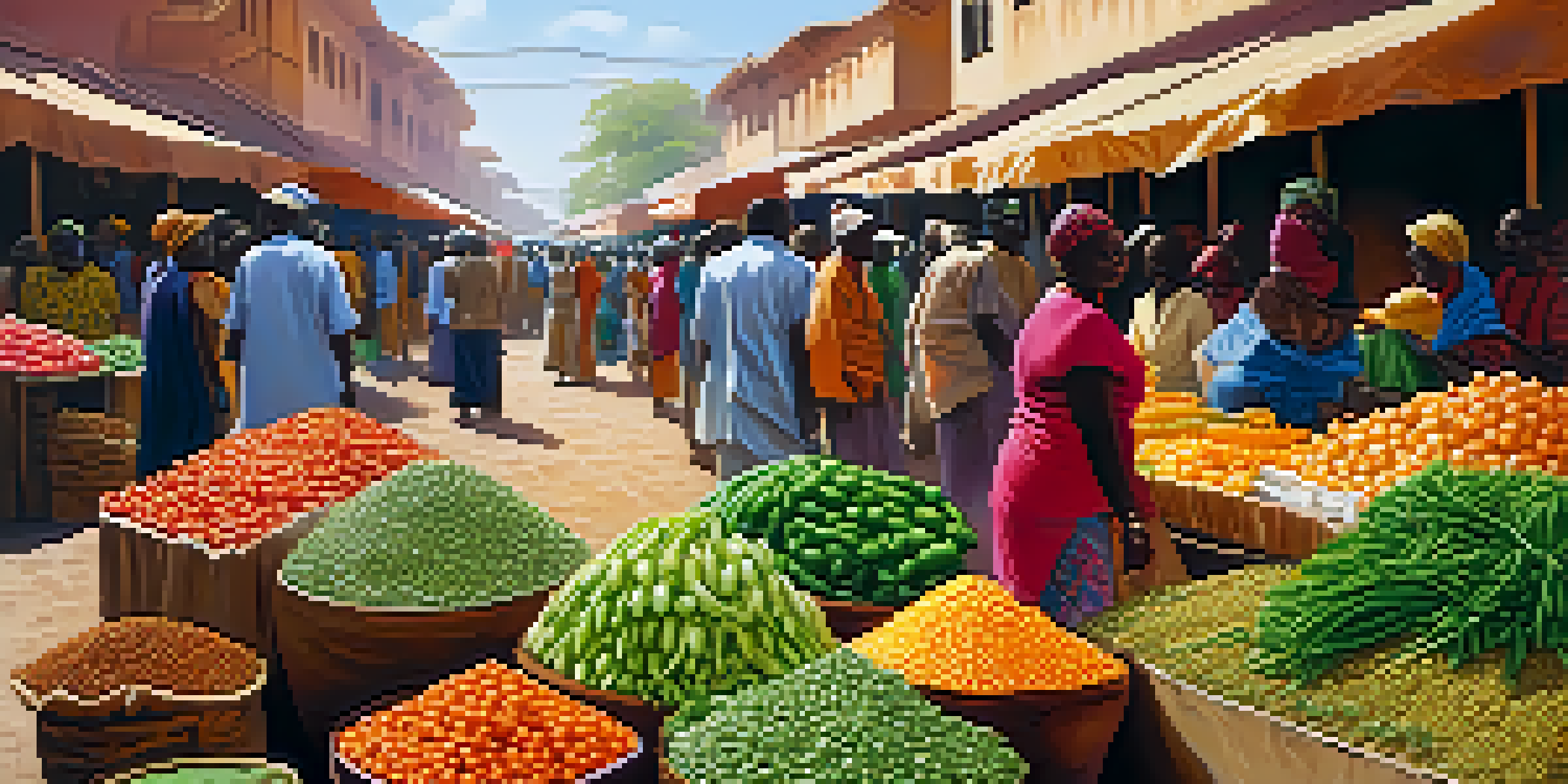 A bustling African market filled with fresh vegetables and legumes, with colorful stalls and people interacting in sunlight.