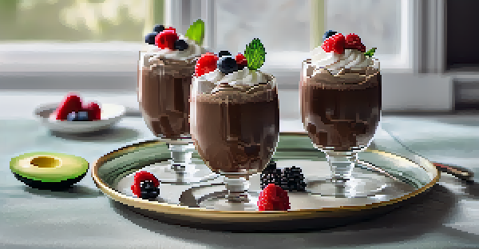 A creamy chocolate avocado mousse in glass cups, topped with berries and coconut cream, set in a warm kitchen.