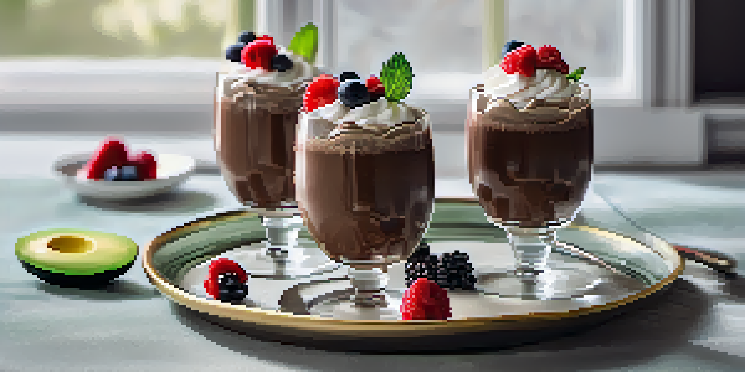 A creamy chocolate avocado mousse in glass cups, topped with berries and coconut cream, set in a warm kitchen.