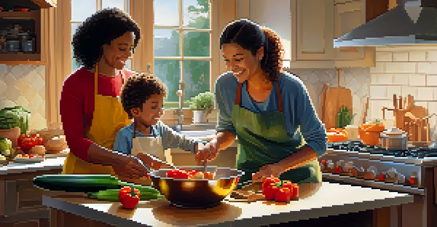 A family cooking together in a cozy kitchen, with fresh vegetables on a cutting board and a child stirring a pot on the stove, creating a warm and inviting atmosphere.