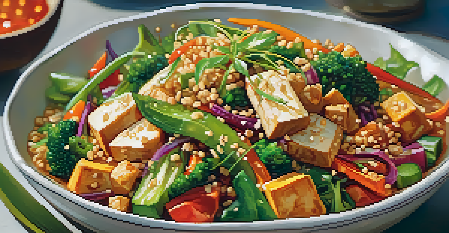 A close-up view of a colorful vegetarian stir-fry with vegetables and tofu, garnished with sesame seeds.