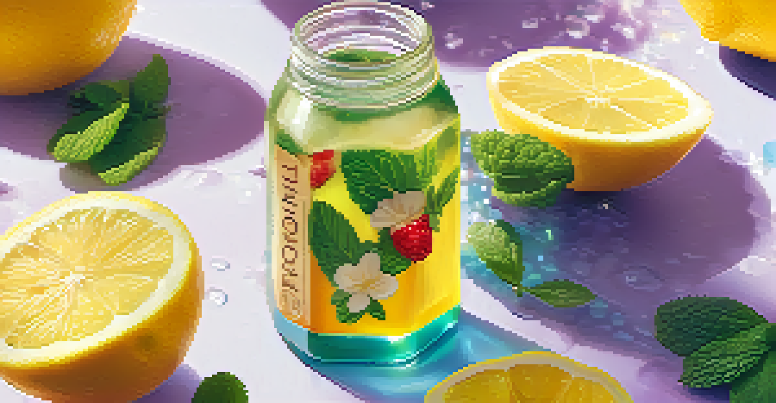 A bottle of homemade kombucha with ginger and mint, surrounded by fresh fruits and a glass of the drink.