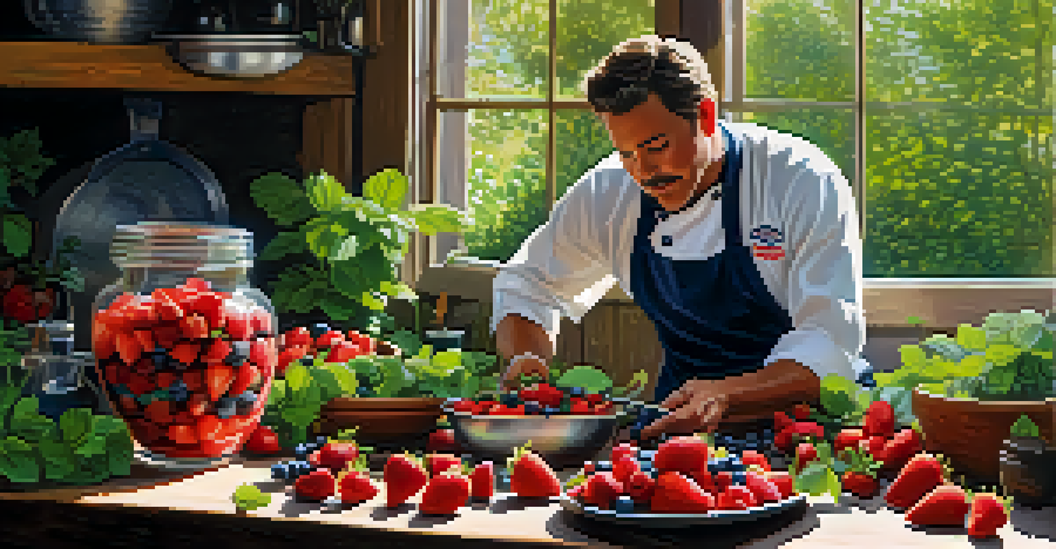 A chef preparing a fresh berry salad in an outdoor kitchen with vibrant strawberries and blueberries under sunlight.