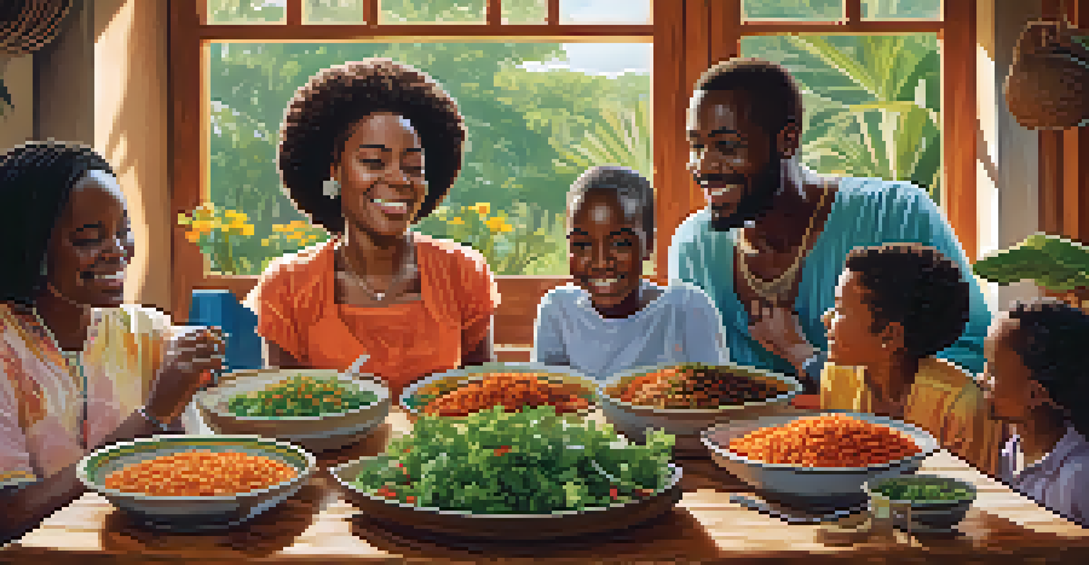 A traditional African family enjoying a vegetarian meal together, surrounded by colorful dishes and a warm, inviting atmosphere.