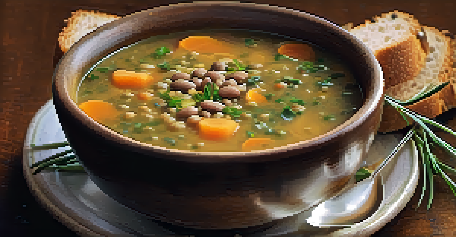 A rustic bowl of steaming lentil soup garnished with herbs next to slices of whole-grain bread, creating a cozy and inviting meal setting.