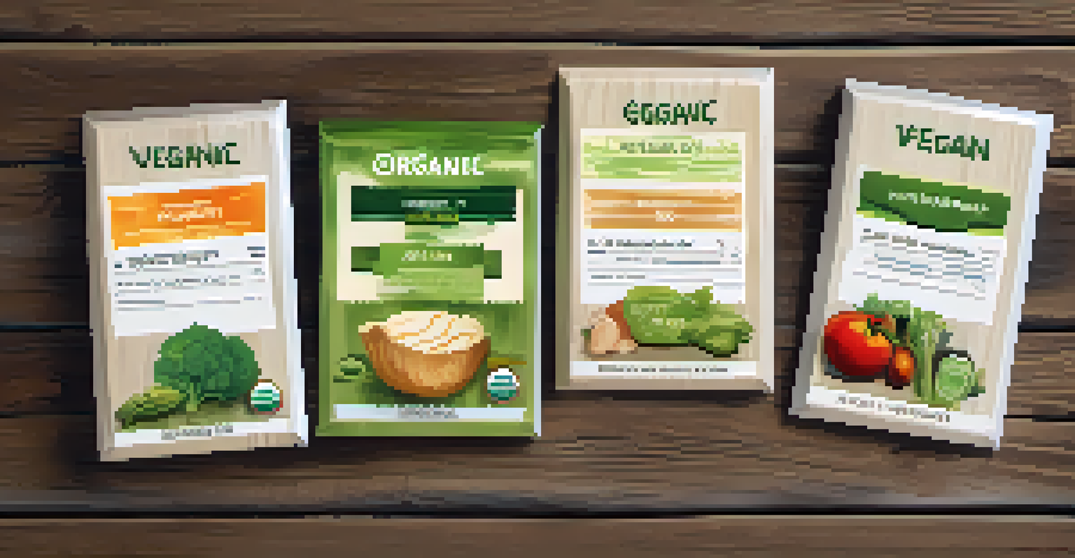 A wooden table displaying various food labels such as organic, natural, vegetarian, and vegan, paired with relevant products in a well-lit setting.