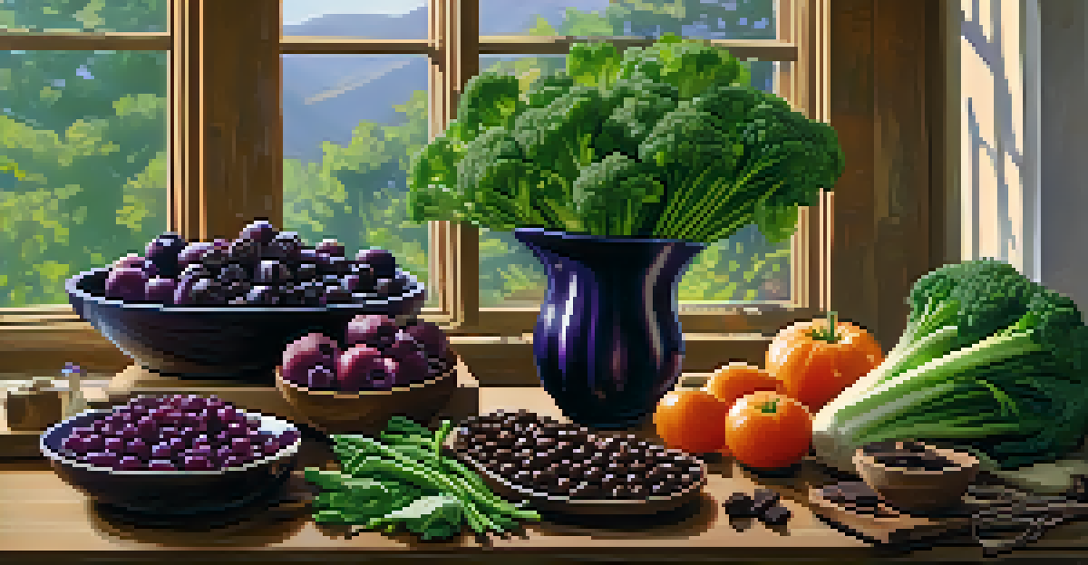 A visually appealing display of antioxidant-rich vegetarian foods on a wooden cutting board in a softly lit kitchen.