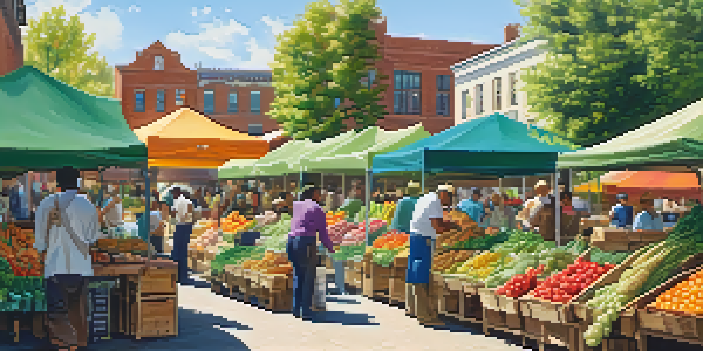 A lively farmer's market filled with colorful fruits and vegetables, with people engaging in conversation and sampling food under a sunny sky.