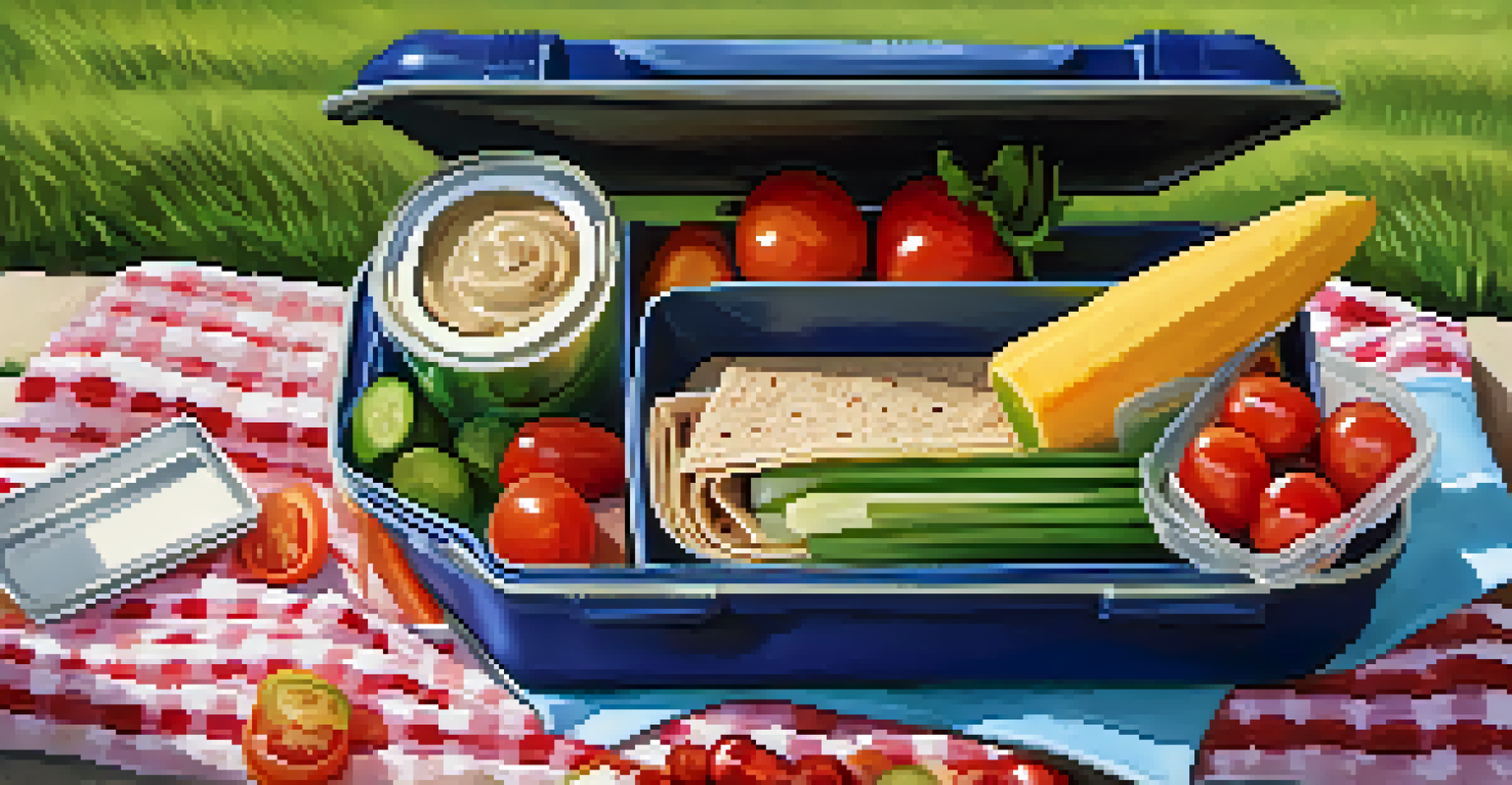 An open lunch box featuring whole grain wraps, hummus, and fresh vegetables, placed on a picnic blanket in sunlight.