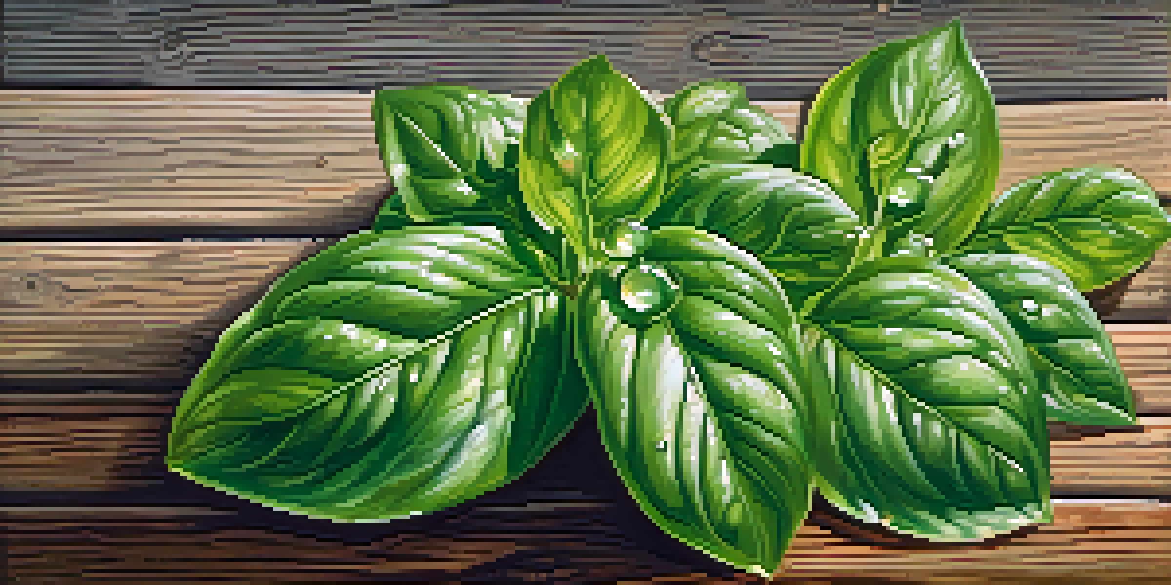 Close-up of a fresh basil plant with dew drops on leaves, against a rustic wooden background.