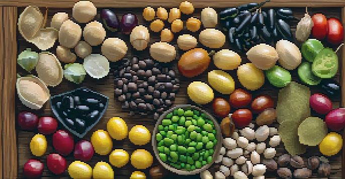 A close-up of various legumes like lentils and chickpeas displayed on a wooden surface, showcasing their colors and textures.