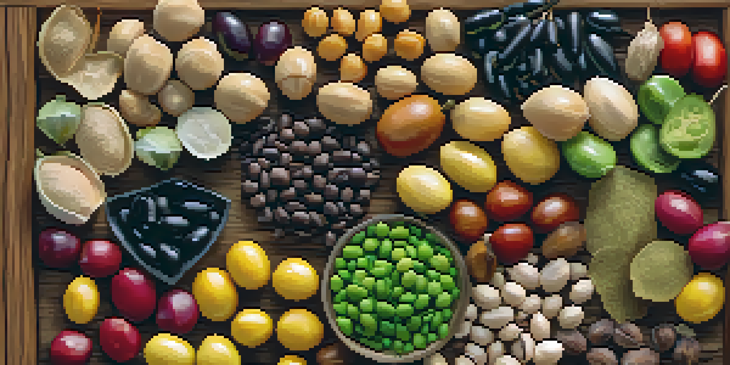 A close-up of various legumes like lentils and chickpeas displayed on a wooden surface, showcasing their colors and textures.