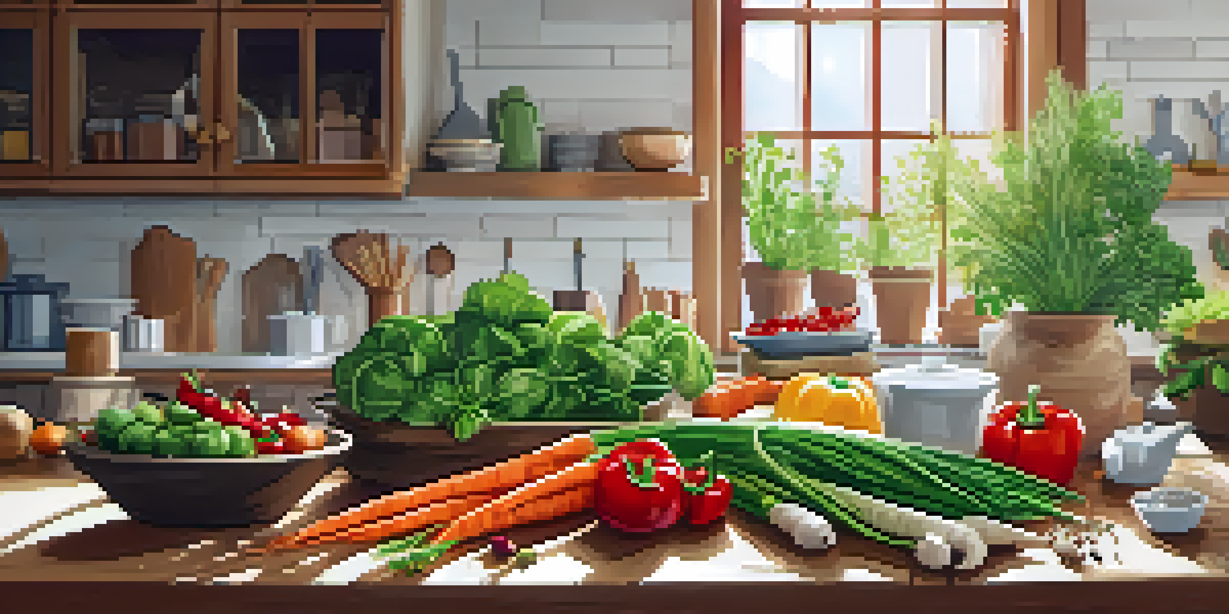 A bright kitchen with a plant-based meal kit on a wooden countertop, featuring fresh vegetables, grains, and spices, illuminated by sunlight.
