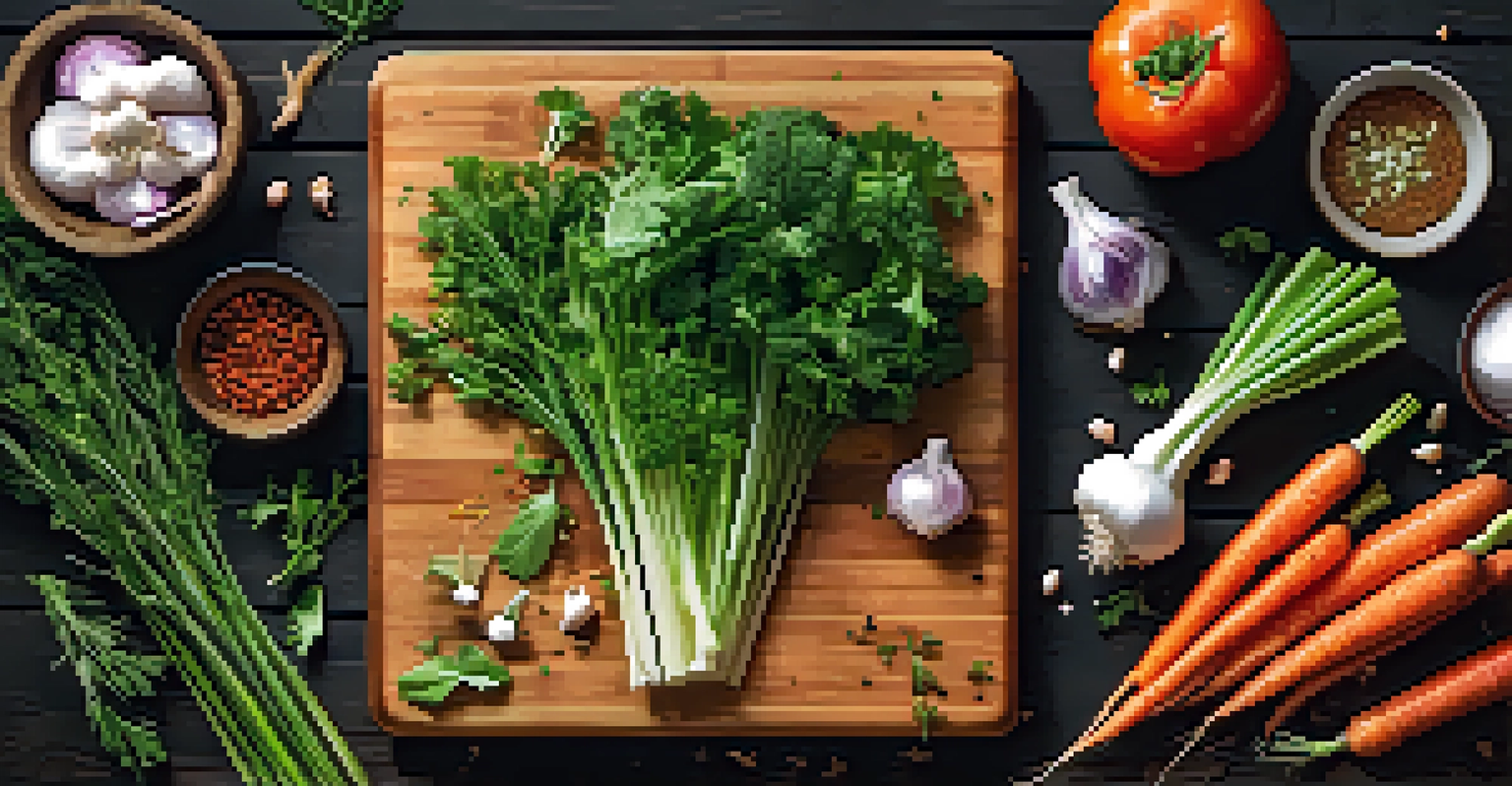 A cutting board with chopped braising vegetables like carrots and garlic, surrounded by herbs and spices on a dark wooden background.