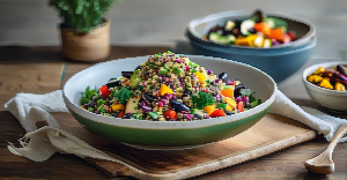 A colorful quinoa salad with black beans, roasted vegetables, and tahini dressing on a rustic wooden table, illuminated by natural light.