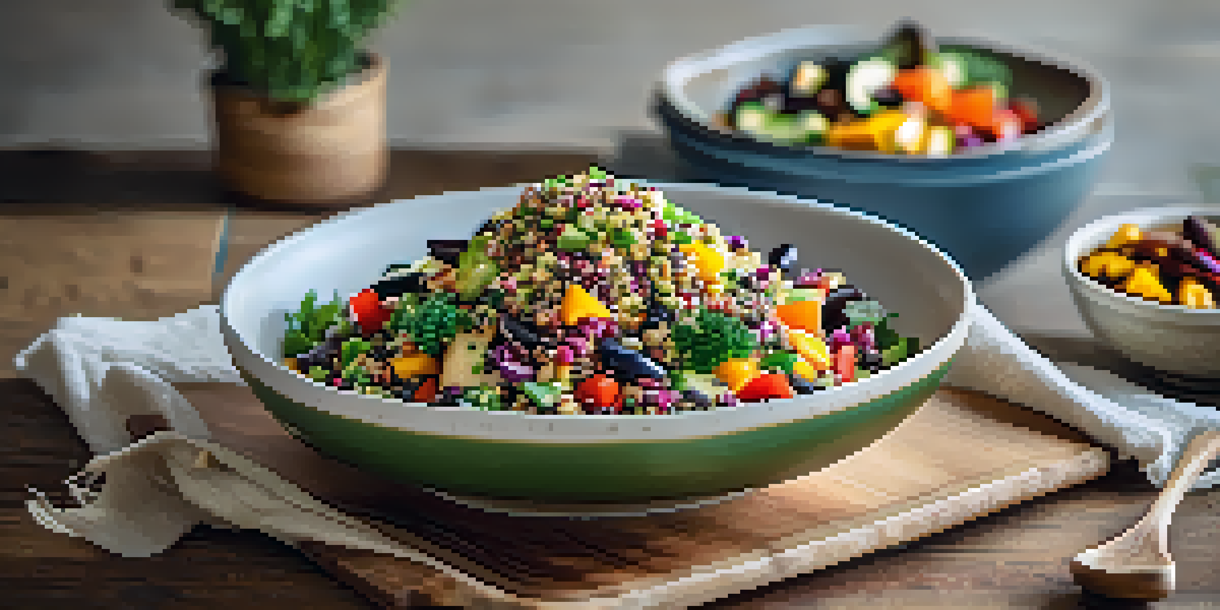 A colorful quinoa salad with black beans, roasted vegetables, and tahini dressing on a rustic wooden table, illuminated by natural light.